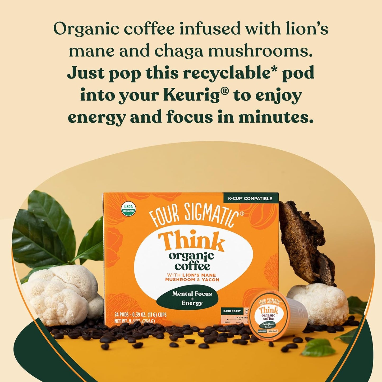 Four Sigmatic Mushroom Coffee K-Cups | Organic and Fair Trade Dark Roast Coffee with Lion’s Mane Mushroom Powder & Yacon | Focus & Immune Support | Vegan & Keto | Sustainable Pods | 24 Count.