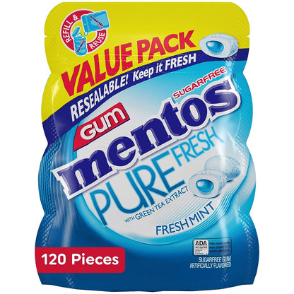 Mentos Pure Fresh Sugar-Free Chewing Gum with Xylitol, Fresh Mint, 120 Piece Bulk Resealable Bag (Pack of 1)