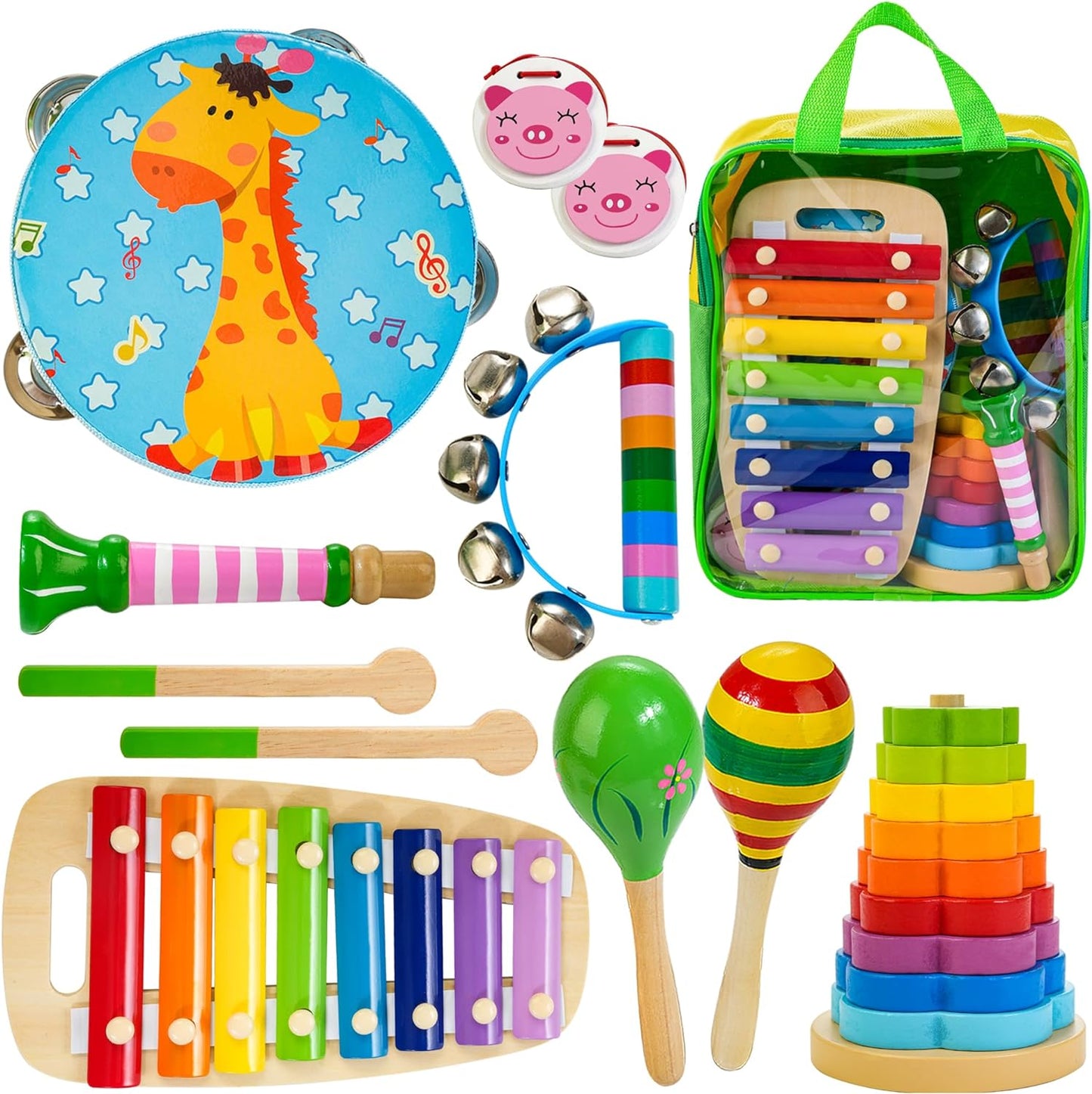 Kids Musical Instruments, Wooden Musical Toys Set for Toddlers Age 2-4 with Xylophone Maracas Tambourine, Educational Baby Montessori Musical Toys Birthday Gift for 2 3 4 5 Years Old Girls Boys