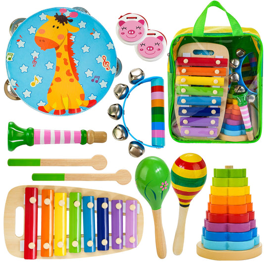 Kids Musical Instruments, Wooden Musical Toys Set for Toddlers Age 2-4 with Xylophone Maracas Tambourine, Educational Baby Montessori Musical Toys Birthday Gift for 2 3 4 5 Years Old Girls Boys