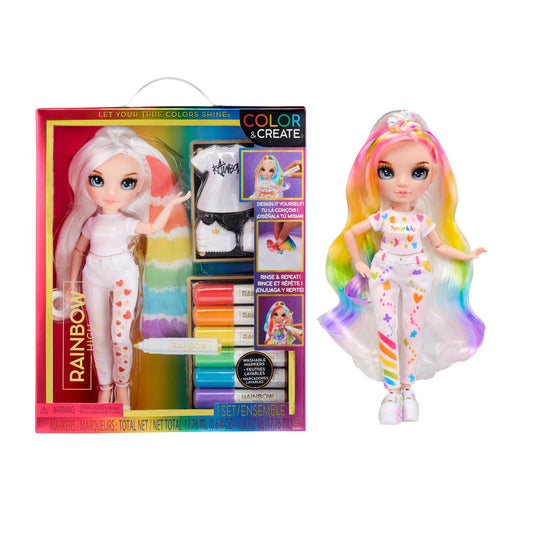 Rainbow High Color & Create Fashion DIY Doll with Washable Rainbow Markers, Blue Eyes, Straight Hair, Bonus Top & Shoes. Color, Create, Play, Rinse and Repeat. Creative 4-12+