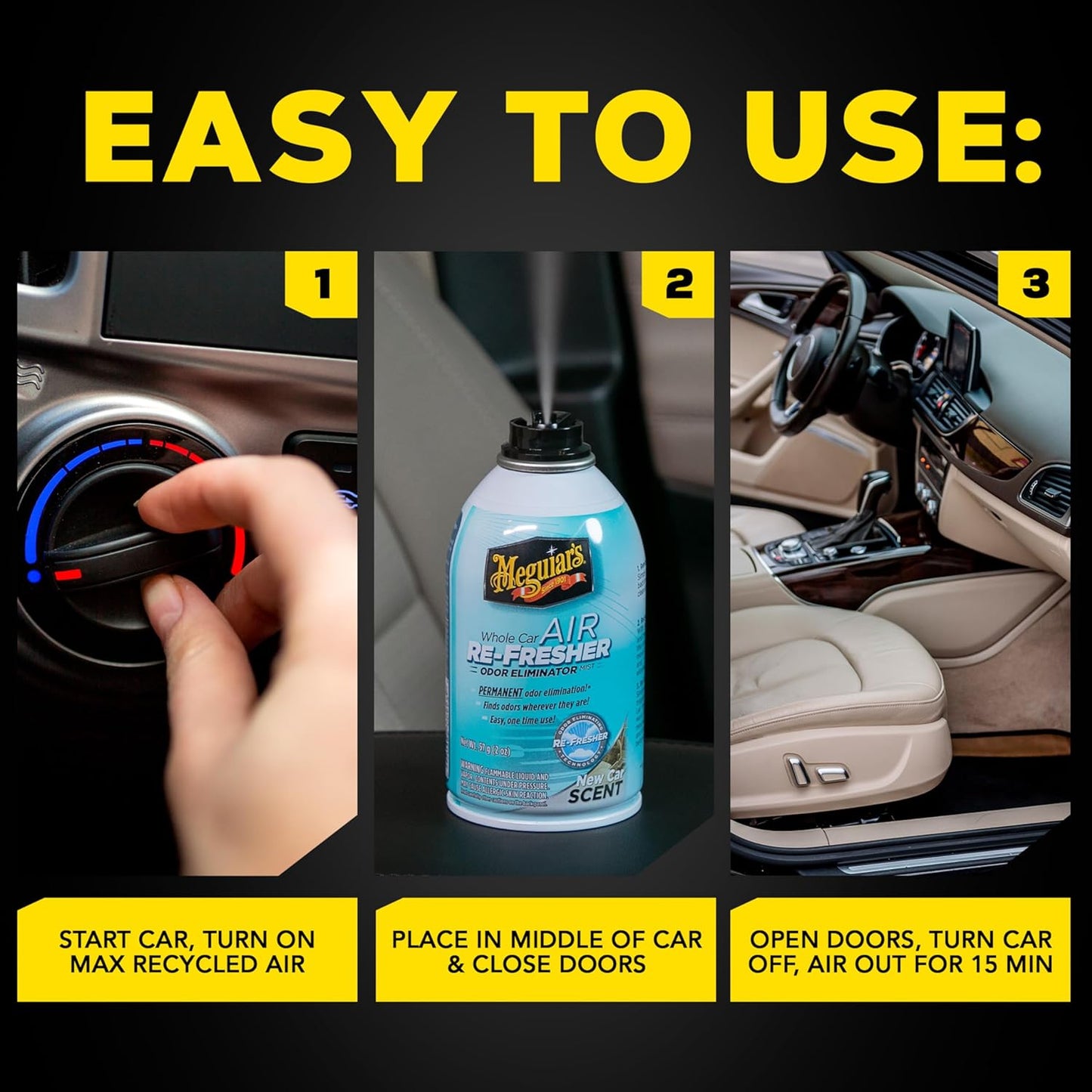 Meguiar's Whole Car Air Refresher, Odor Eliminator Spray Eliminates Strong Vehicle Odors, New Car Scent - 2 Oz Spray Bottle