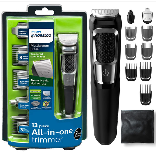 Philips Norelco Multigroomer All-in-One Trimmer Series 3000, 13 Piece Mens Grooming Kit, for Beard, Face, Nose, and Ear Hair Trimmer and Hair Clipper, NO Blade Oil Needed, MG3750/60