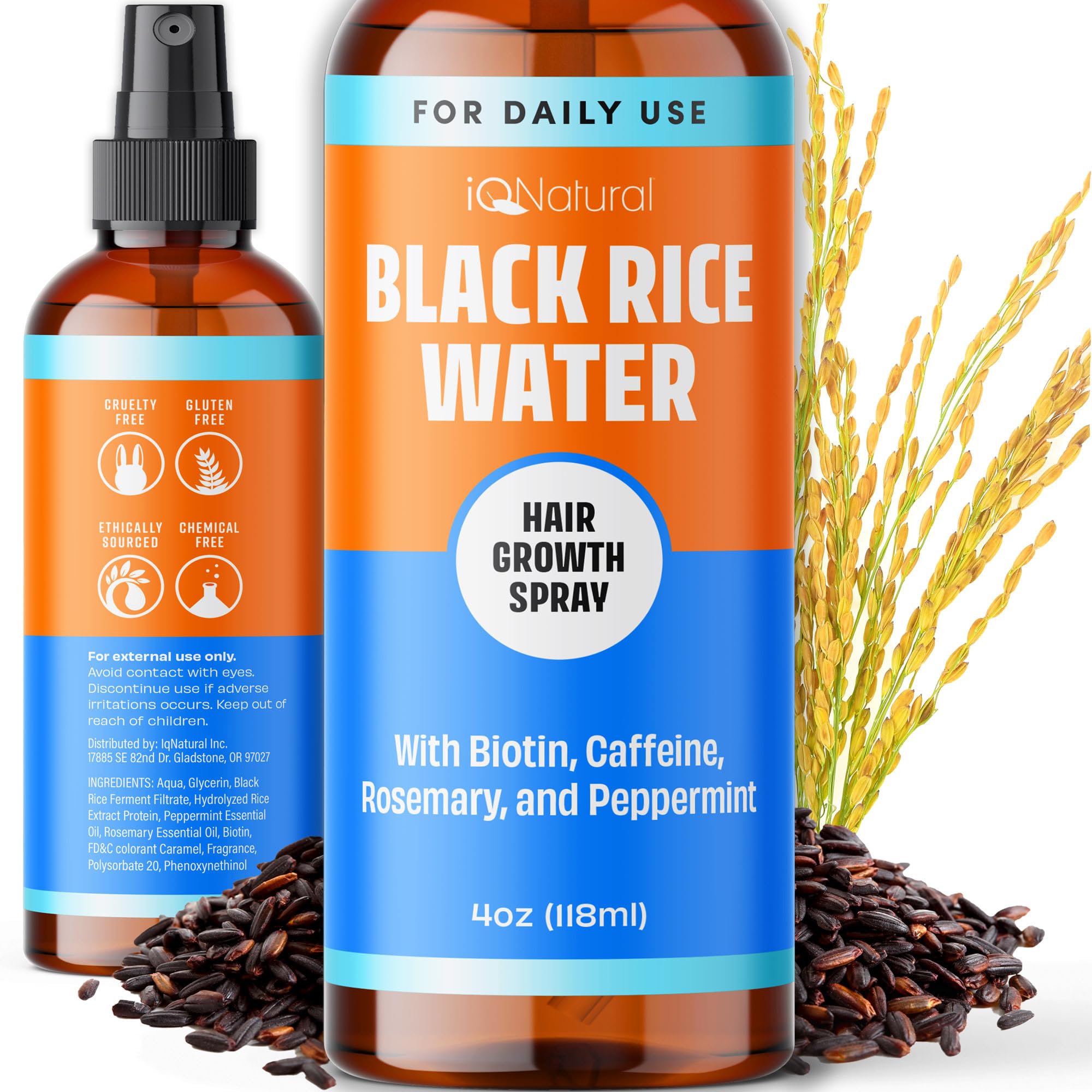 IQ Natural Rice Water for Hair Growth Spray, Rosemary Water Spray for Hair Growth, Rosemary Oil Black Rice Water Spray Hair Growth Women, Biotin Spray for Hair Growth, Hydrating Hair Mist - 4oz