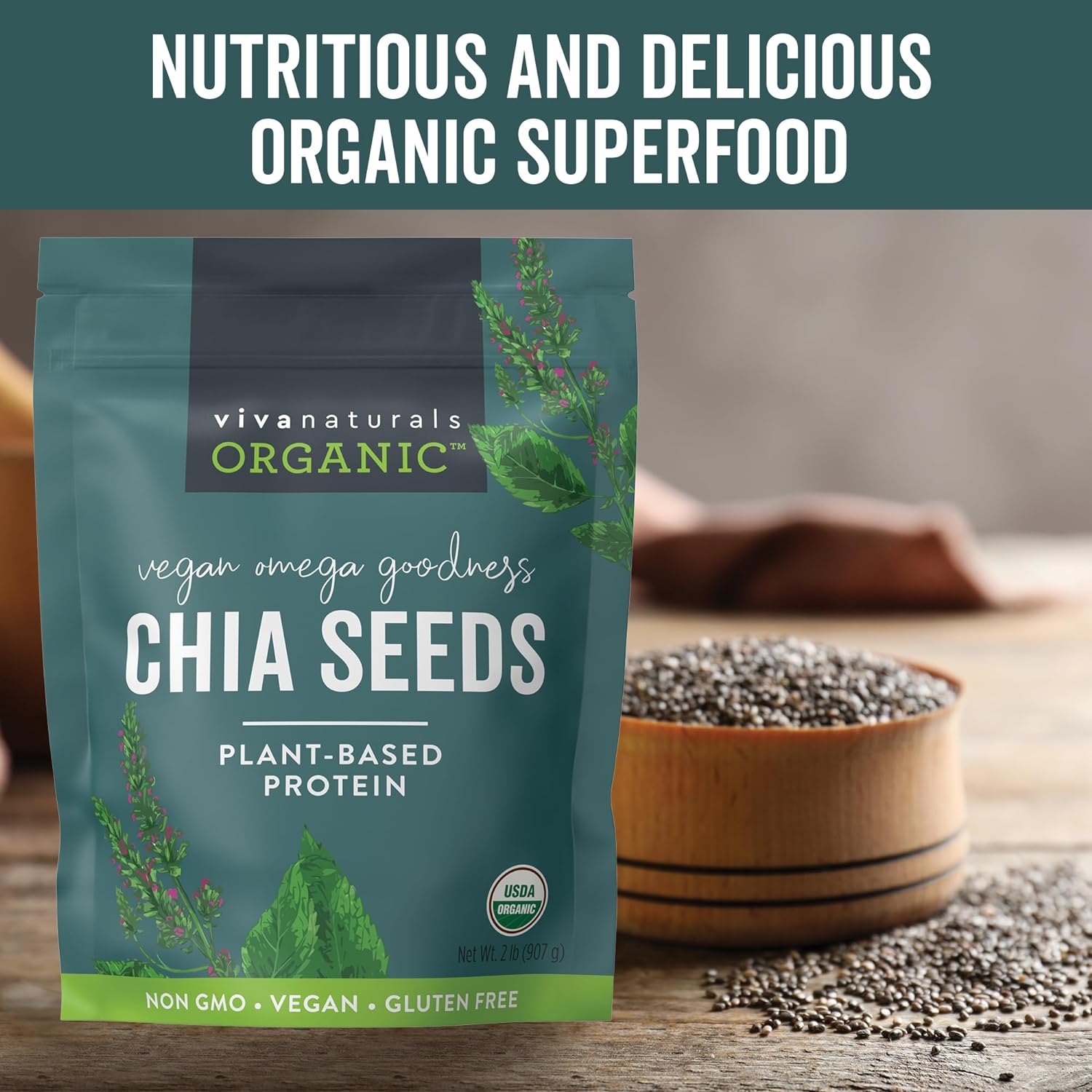 Viva Naturals Organic Chia Seeds - Plant-Based Omegas 3 and Vegan Protein, Perfect for Smoothies, Salads and Chia Puddings, Certified Non-GMO and USDA Organic, 2 lb (907 g)
