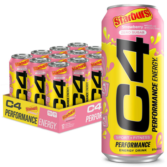 Cellucor C4 Energy Drink, STARBURST Strawberry, Carbonated Sugar Free Pre Workout Performance Drink with no Artificial Colors or Dyes, Pack of 12