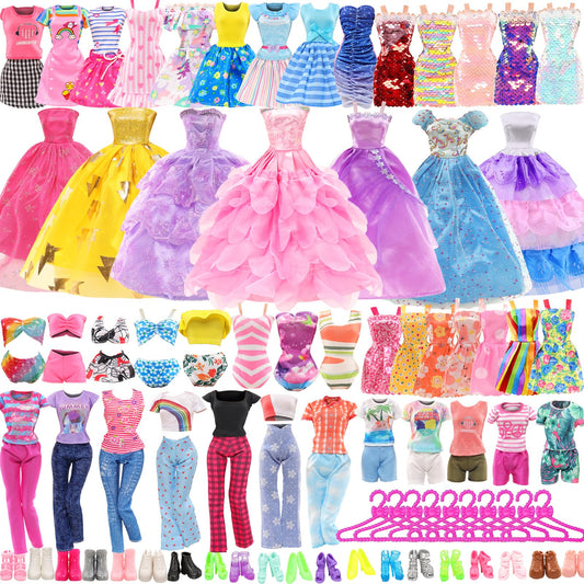 48 PCS Doll Clothes and Accessories 3 PCS Fashion Dresses 3 Tops 3 Pants 3 PCS Party Dresses 2 Sets Swimsuits Bikini 6 Braces Skirt 6 Necklace 10 Hangers and 15 pcs Shoes for 11.5 inch Doll