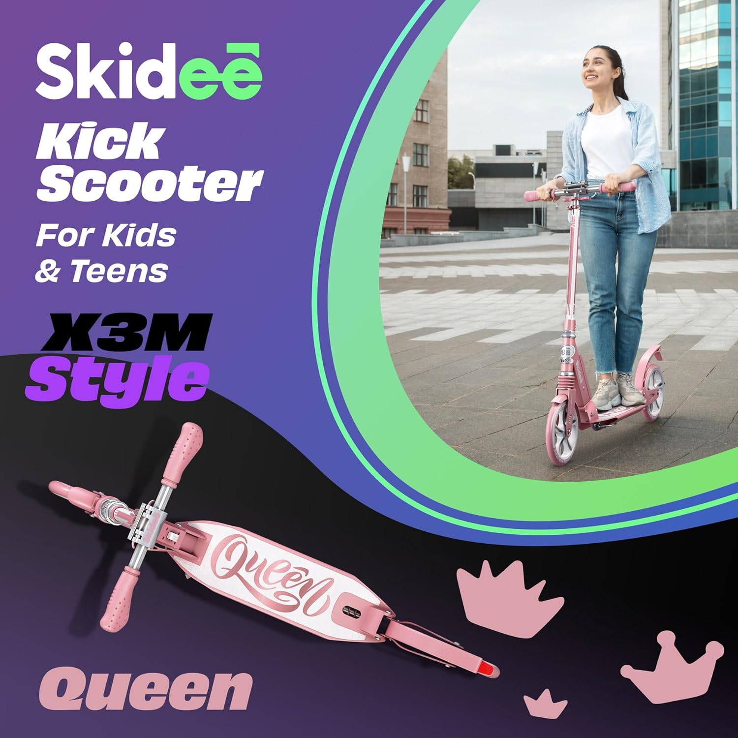 Skidee Scooter for Adults and Teens – Adjustable Height, Kids Scooter, Folding Scooter, Large Sturdy Wheels for Smooth Ride, Lightweight, Durable, Anti-Shock Suspension, Outdoor Toys, up to 220 lbs