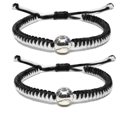 Braided Bracelets Baseball Gifts for Boys Adjustable Wristbands with Baseball Beads, Inspirational Baseball Bracelets for Girls Teens Adults (Black 2PCS)