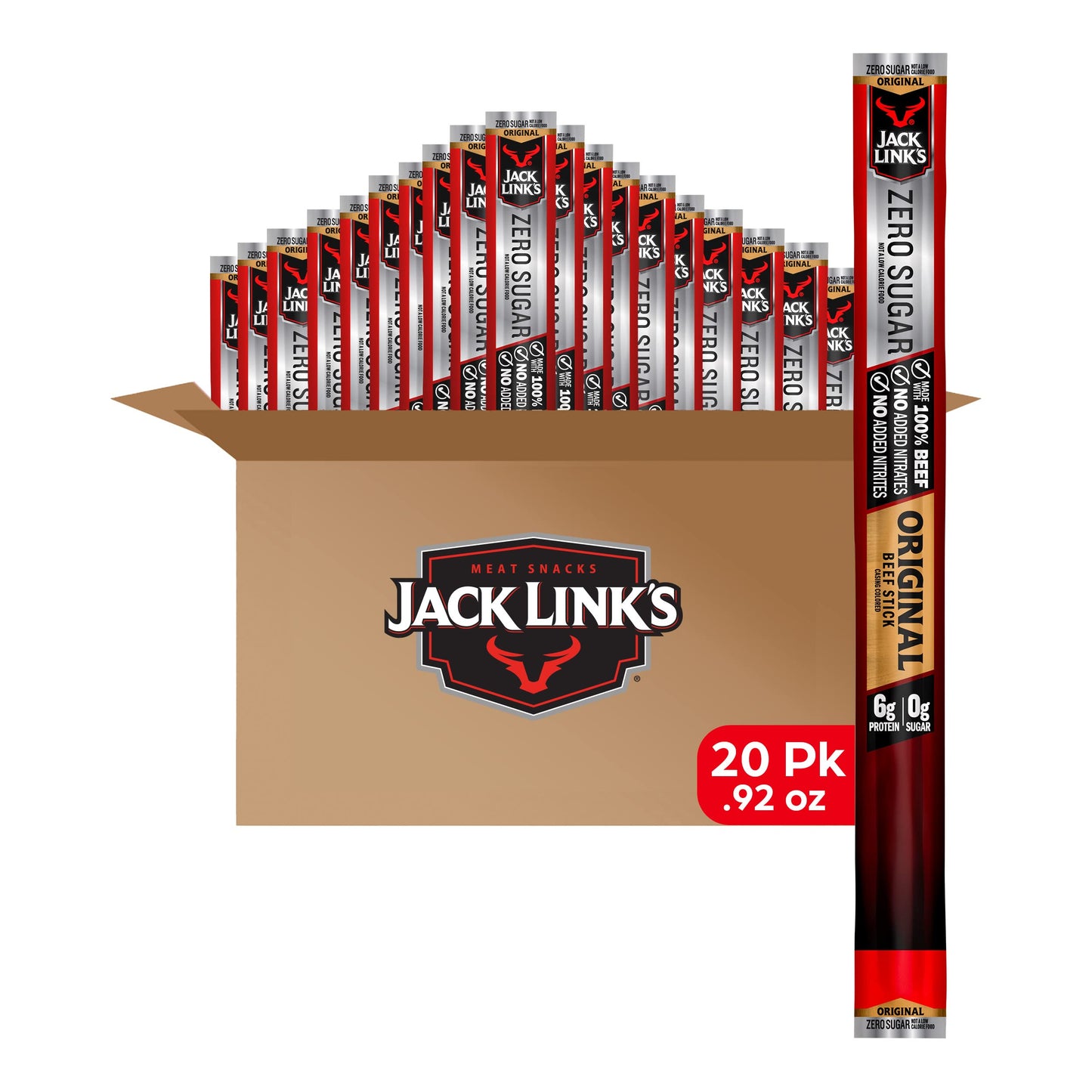 Jack Link's Beef Sticks, Zero Sugar, Original – Protein Snack, Meat Stick with 6g of Protein, Made with 100% Beef, Great Stocking Stuffer Gift, No Added MSG – 0.92 Oz. (20 Count)