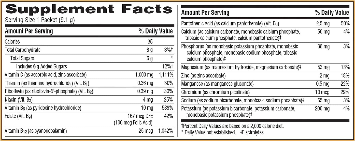 Emergen-C 1000mg Vitamin C Powder for Daily Immune Support Caffeine Free Vitamin C Supplements with Zinc and Manganese, B Vitamins and Electrolytes, Super Orange Flavor - 30 Count