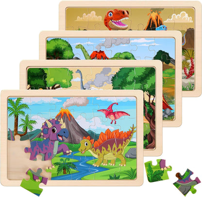 Wooden Puzzles Dinosaur Toys for Kids Ages 3-5, Set of 4 Packs with 24-Piece Wood Jigsaw Puzzles, Preschool Educational Brain Teaser Boards for Boys and Girls 3 4 5 6 Years Old