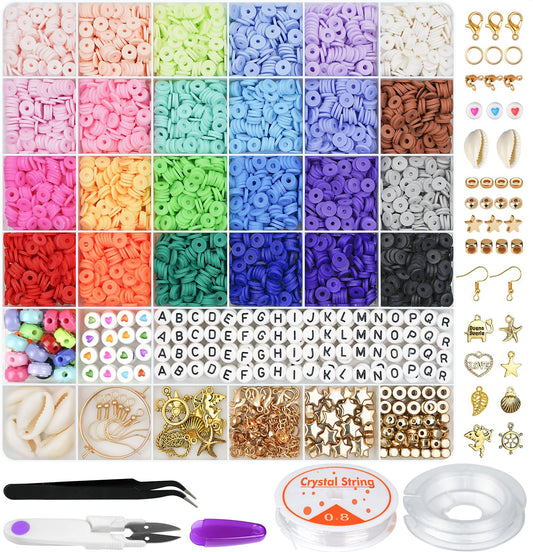 Gionlion 6000 Pcs Clay Beads for Bracelet Making, 24 Colors Flat Preppy Beads for Friendship Bracelet Kit, Polymer Clay Heishi Beads with Charms for Jewelry Making, Crafts Gifts for Teen Girls