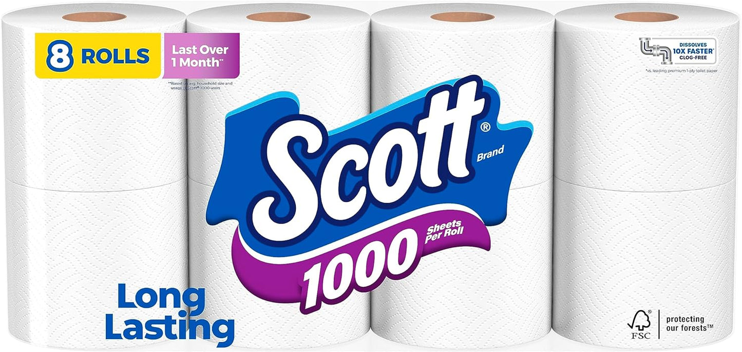 Scott 1000 Toilet Paper, 8 Rolls, Septic-Safe, 1-Ply Toilet Tissue