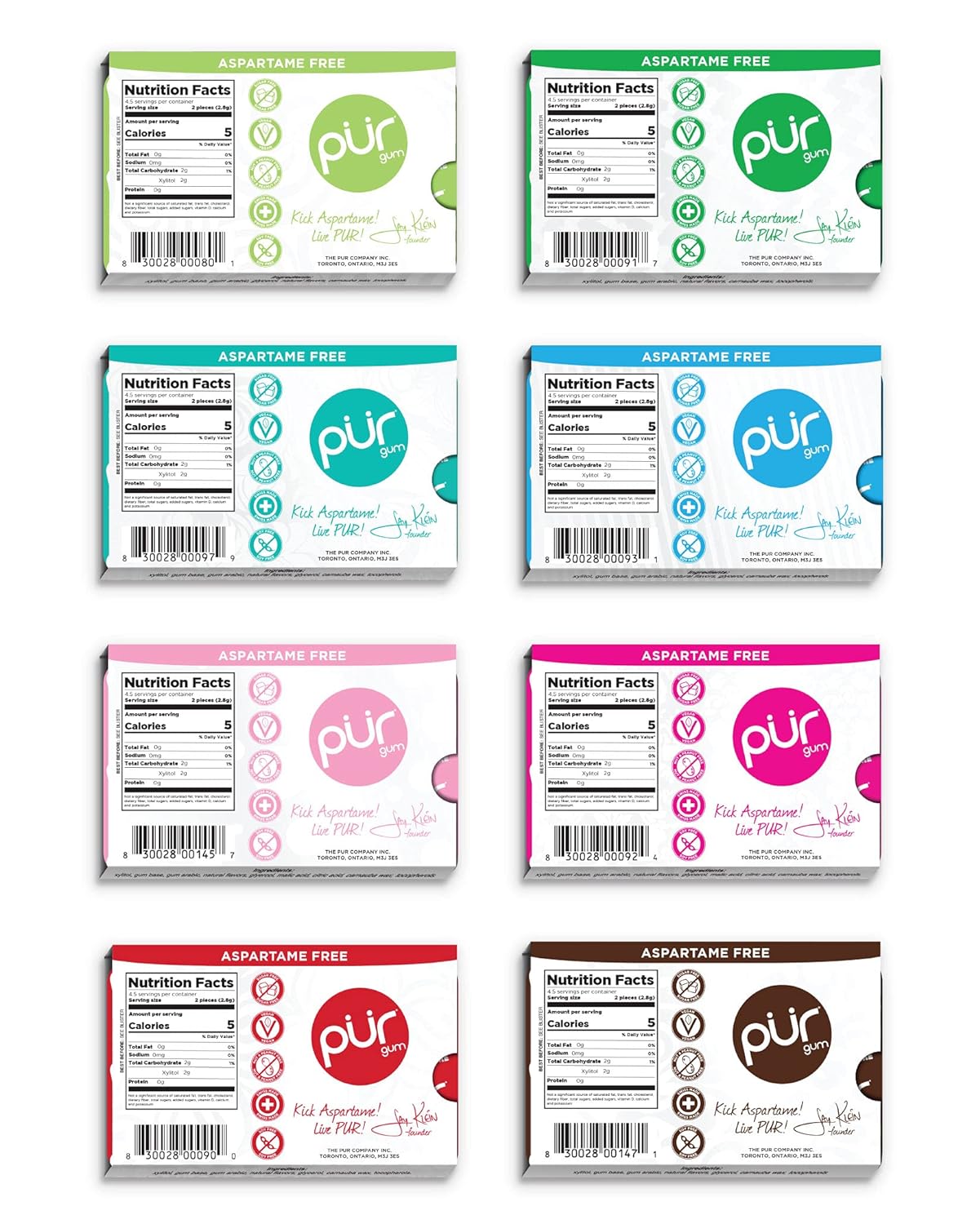 PUR Gum | Aspartame Free Chewing Gum | 100% Xylitol | Natural Flavored Gum, Variety Pack, 9 Pieces (Pack of 8)