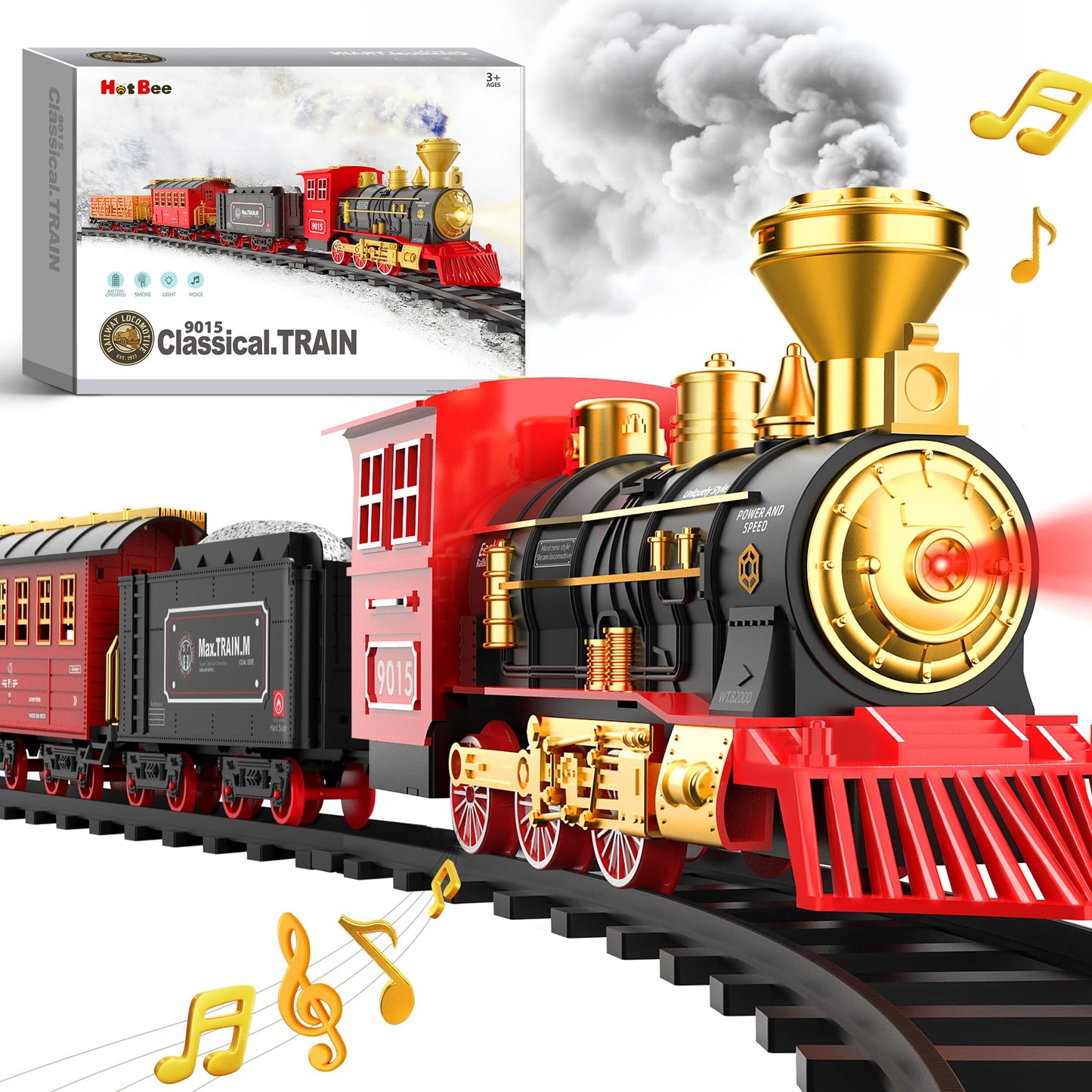 Hot Bee Train Set - Train Toys for Boys Girls w/Smokes, Lights & Sound, Tracks, Toy Train w/Steam Locomotive Engine, Cargo Cars & Tracks, Christmas Train Toys Gifts for 3 4 5 6 7 8+ Year Old Kids