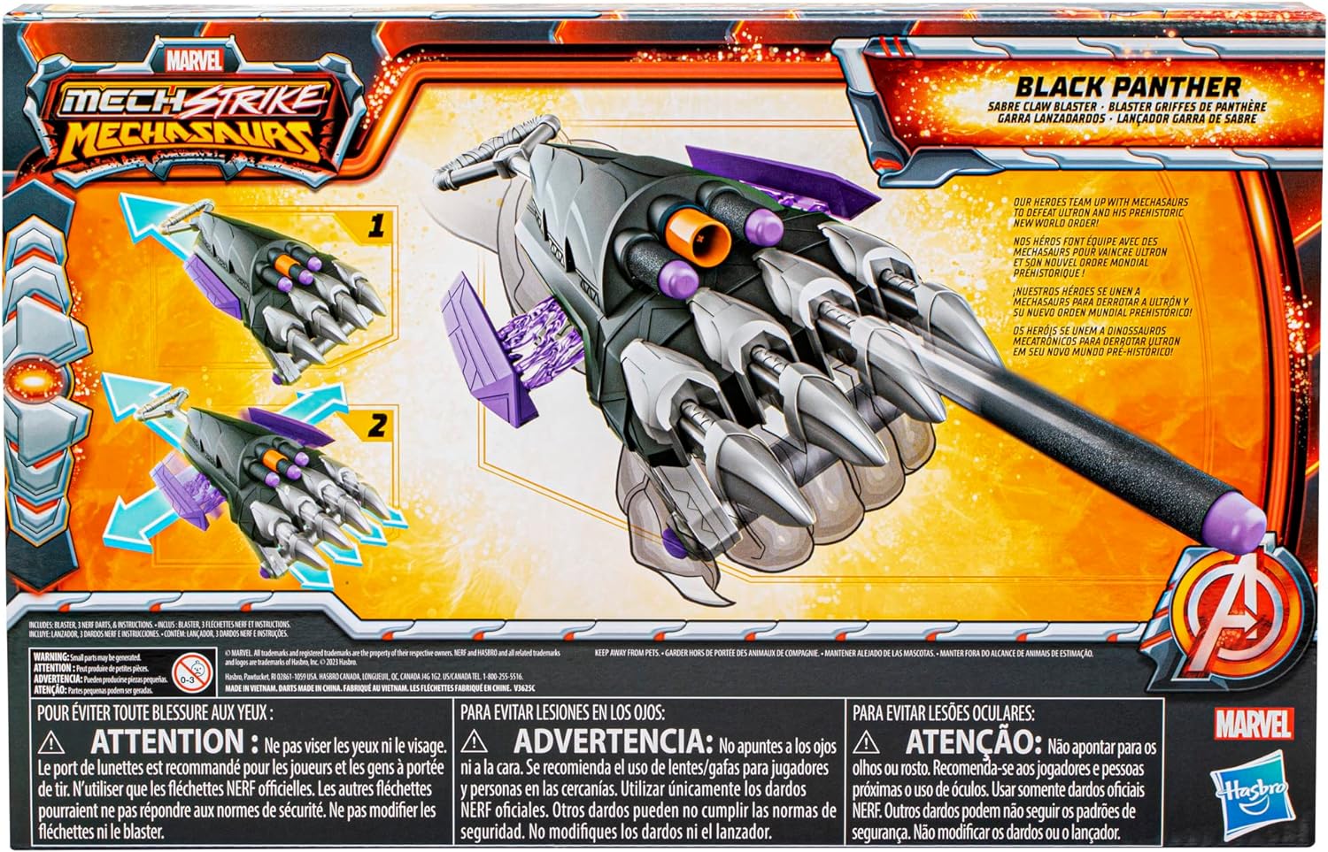 Marvel Mech Strike Mechasaurs Black Panther Sabre Claw Blaster, NERF Blaster with 3 Darts, Role Play Super Hero Toys for Kids Ages 5 and Up