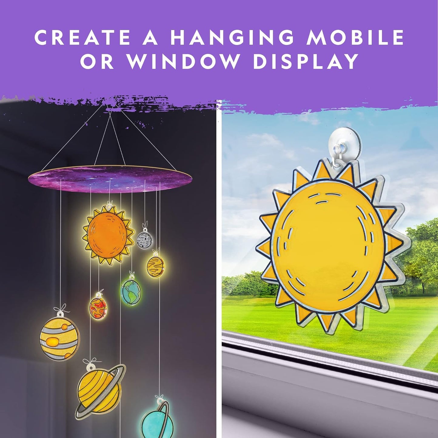 NATIONAL GEOGRAPHIC Kids Window Art Kit - Stained Glass Solar System Arts & Crafts Kit with Glow in The Dark Planets, Use as Window Suncatchers, Hanging Decor from Ceiling, Mobile, Space Room Décor