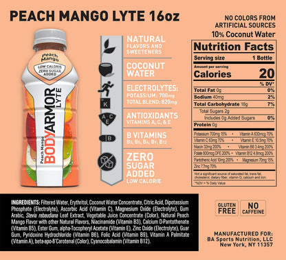 BODYARMOR LYTE Sports Drink Low-Calorie Sports Beverage, Peach Mango, Coconut Water Hydration, Natural Flavors With Vitamins, Potassium-Packed Electrolytes, Perfect For Athletes, 16 Fl Oz (Pack of 12)