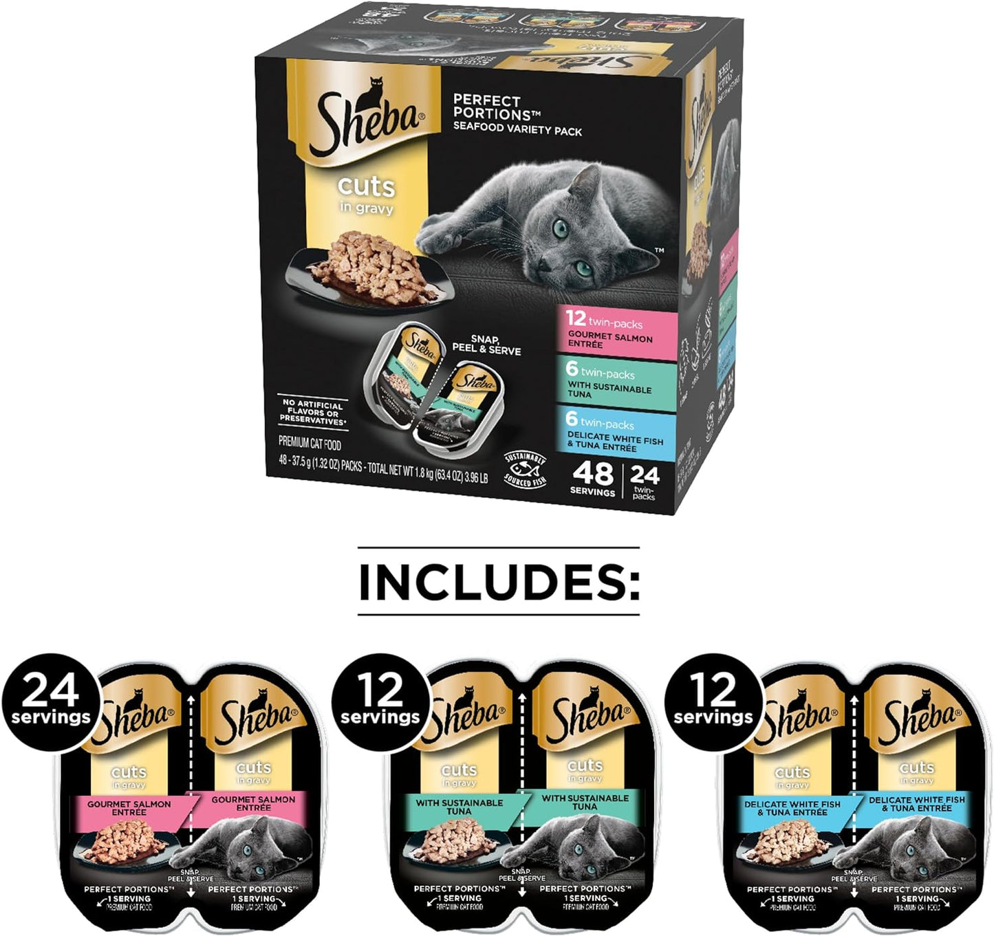 SHEBA PERFECT PORTIONS Cuts in Gravy Adult Wet Cat Food Trays (24 Count, 48 Servings), Gourmet Salmon, Sustainable Tuna, And Delicate Whitefish & Tuna Entrée, Easy Peel Twin-Pack