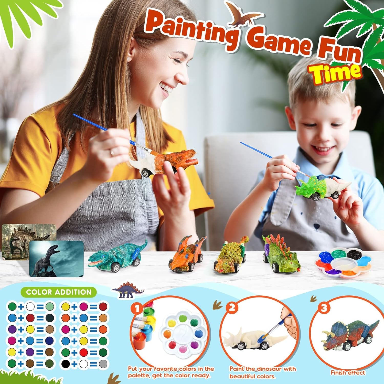 faentwc Dinosaur Toys for Kids 3-12 Year Old 2 in 1 Dinosaurs Painting Kits and Pull Back Cars Toy for Boys 5-7 Arts and Crafts Set for Girl DIY Birthday for Kid Age 4 5 6 7 8 9 10