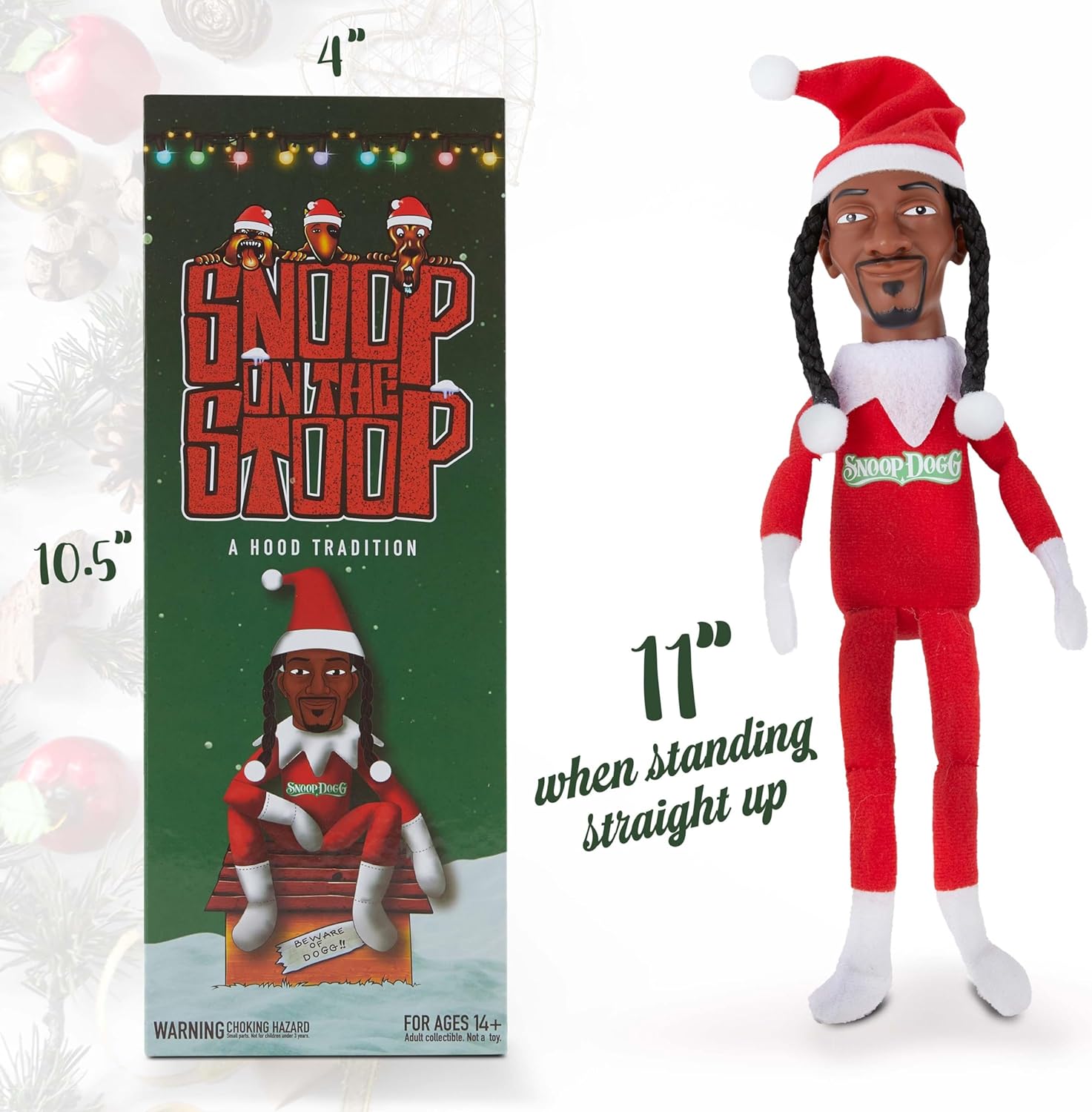 Snoop Dogg Snoop on a Stoop 2023 Christmas Elf Doll, 12” Small Plush Toys Shelf Decor, Includes Elf Toy, Extra Tshirt, Sunglasses and Necklace, Christman Gifts for Men & Women.