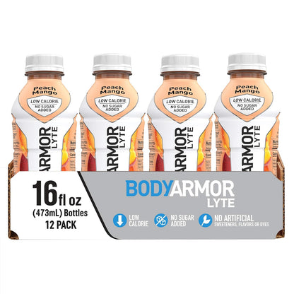 BODYARMOR LYTE Sports Drink Low-Calorie Sports Beverage, Peach Mango, Coconut Water Hydration, Natural Flavors With Vitamins, Potassium-Packed Electrolytes, Perfect For Athletes, 16 Fl Oz (Pack of 12)