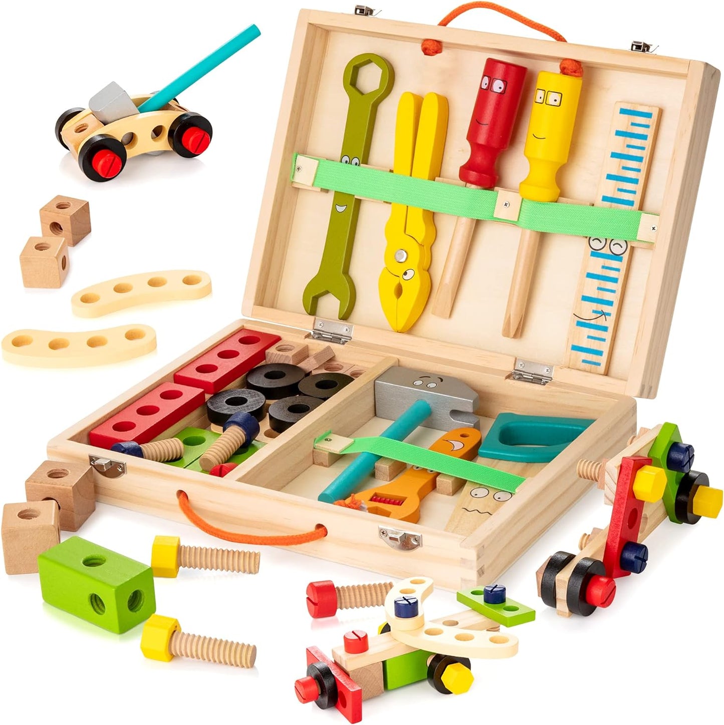 KIDWILL Tool Kit for Kids, 37 pcs Wooden Toddler Tools Set Includes Tool Box & Stickers, Montessori Educational STEM Construction Toys for 3 4 5 6 7 Years Old Boys Girls, Best Birthday Gift for Kids