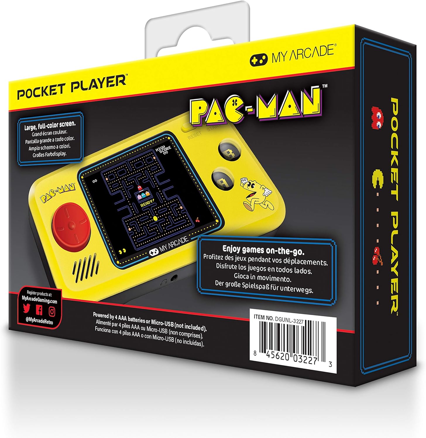 My Arcade Pocket Player Handheld Game Console: 3 Built In Games, Pac-Man, Pac-Panic, Pac-Mania, Collectible, Full Color Display, Speaker, Volume Controls, Headphone Jack, Battery or Micro USB Powered