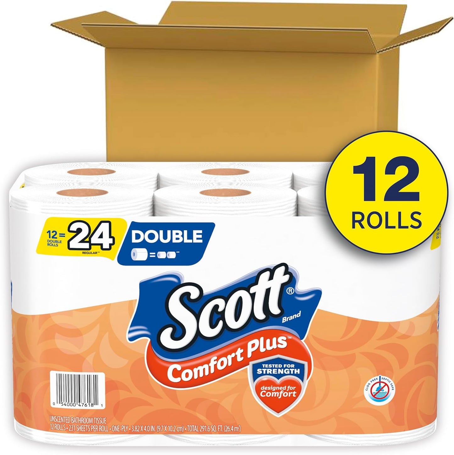 Scott ComfortPlus Toilet Paper, 12 Double Rolls, 231 Sheets per Roll, Septic-Safe, 1-Ply Toilet Tissue