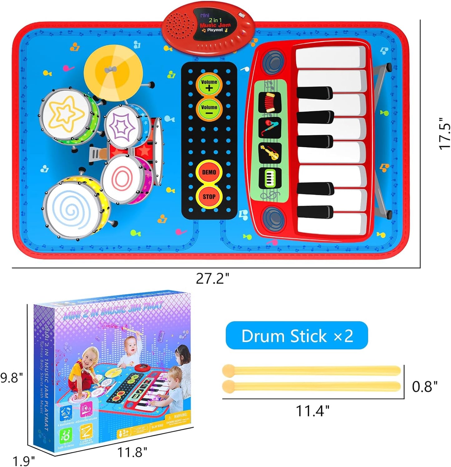 2-in-1 Musical Mat Toys for 1 2 3 4 5 Year Old, Piano Keyboard & Drum Set with 2 Drum Sticks, Early Educational Musical Learning Toys Birthday for 1 2 3 4 5 Year Old Boys & Girls, Blue