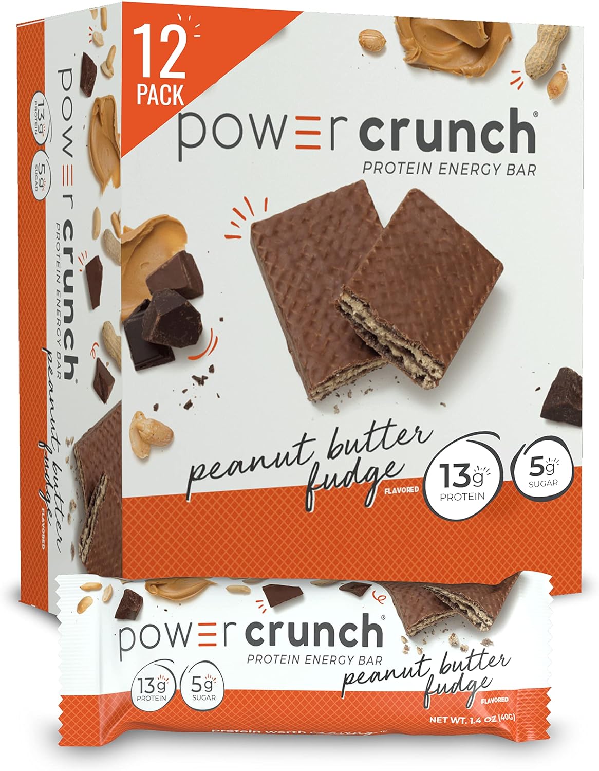 Power Crunch Protein Wafer Bars, High Protein Snacks with Delicious Taste, Peanut Butter Fudge, 1.4 Ounce (12 Count)