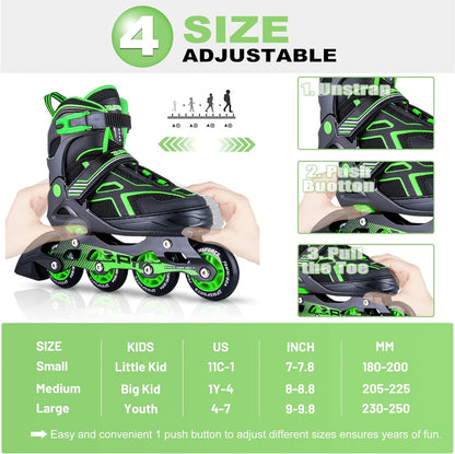 2PM SPORTS Torinx Green Boys Adjustable Inline Skates, Fun Beginner Roller Skates for Kids, Youth, Girls, Men and Women