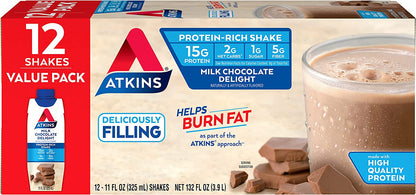 Atkins Milk Chocolate Delight Protein Shake, 15g Protein, Low Glycemic, 2g Net Carb, 1g Sugar, Keto Friendly, 12 Count