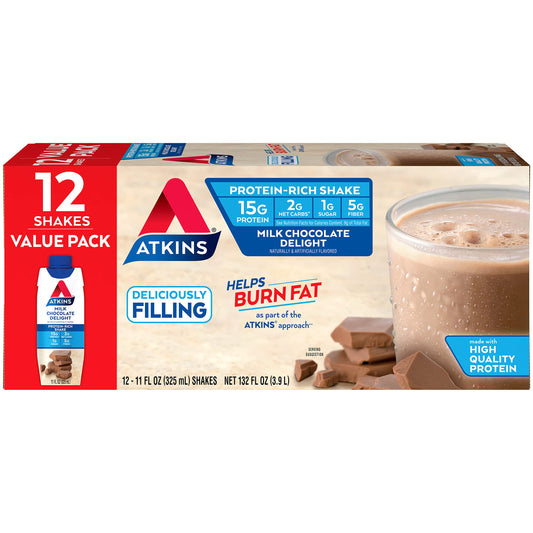 Atkins Milk Chocolate Delight Protein Shake, 15g Protein, Low Glycemic, 2g Net Carb, 1g Sugar, Keto Friendly, 12 Count