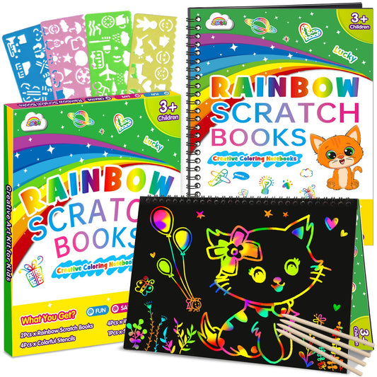 ZMLM Scratch Paper Art Craft 2 Pack Rainbow Scratch Art Set for Kids Drawing Coloring Craft Black Magic Art Supplies Kits for Girls Boys Birthday Party Favor Halloween Craft Toys