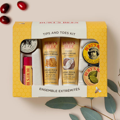 Burt's Bees Christmas Gifts, 6 Skincare Stocking Stuffers Products, Tips & Toes Set - Pomegranate Lip Balm, Almond Milk & Honey Hand Creams, Coconut Foot Cream, Lemon Butter Cuticle Cream & Hand Salve