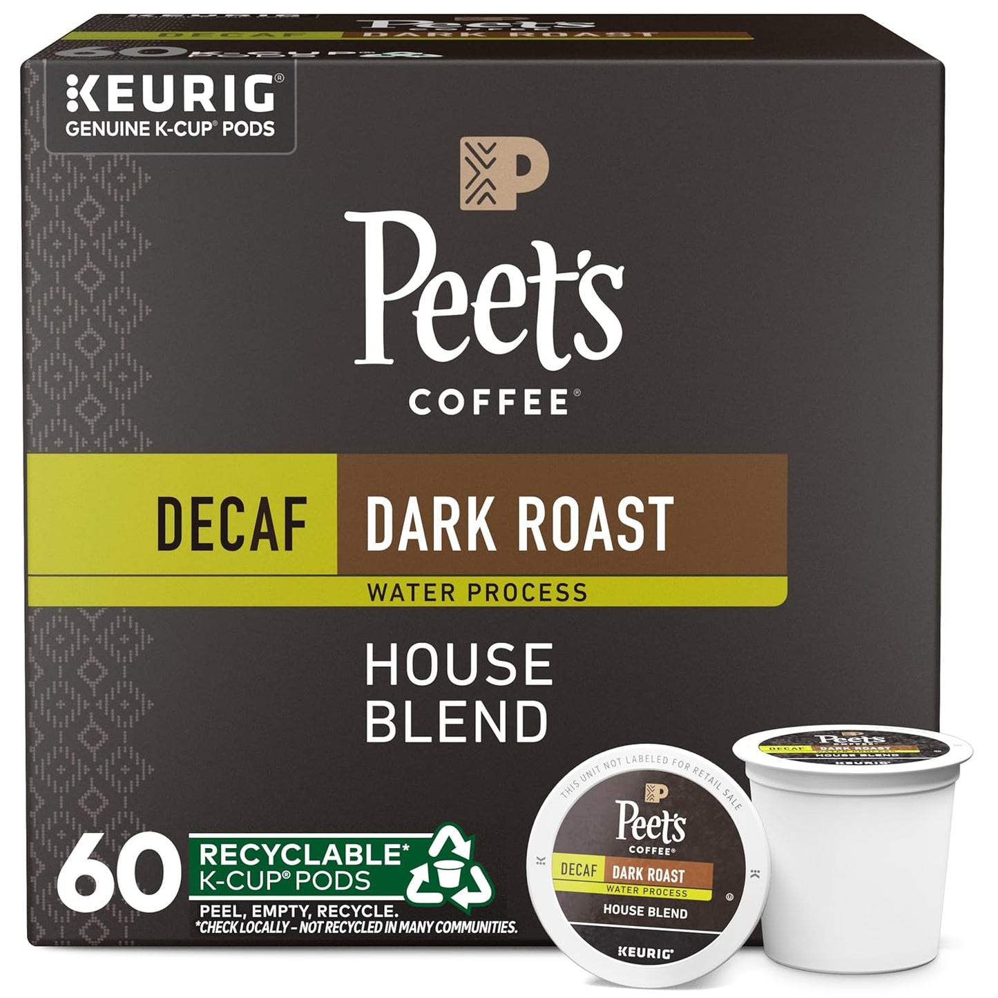 Peet's Coffee, Dark Roast Decaffeinated Coffee K-Cup Pods for Keurig Brewers - Decaf House Blend , 10 count (Pack of 6)