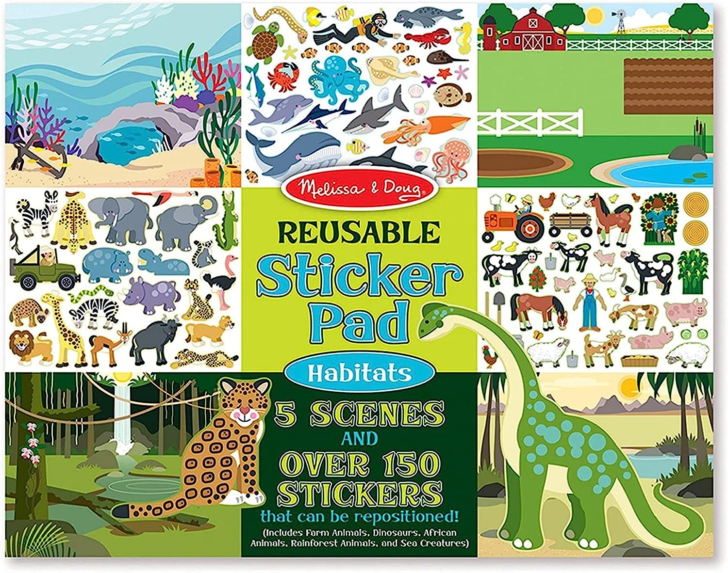 Melissa & Doug Reusable Sticker Pad: Habitats - 150+ Reusable Stickers 7 Ounces - Kids Animal Activities, Restickable Animals Sticker Book, Animal Habitats Removable Stickers For Kids Ages 3+