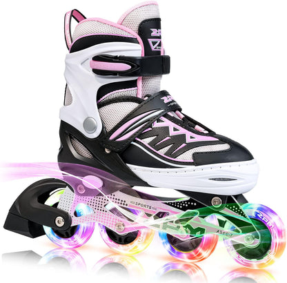 2PM SPORTS Cytia Pink Girls Adjustable Illuminating Inline Skates with Light up Wheels, Fun Flashing Beginner Roller Skates for Kids