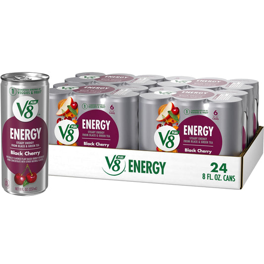 V8 +ENERGY Black Cherry Energy Drink, Made with Real Vegetable and Fruit Juices, 8 FL OZ Can (4 Packs of 6 Cans)