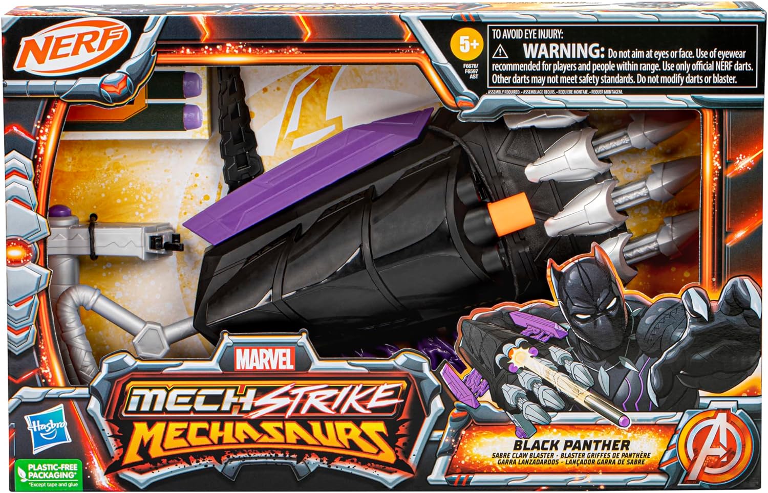 Marvel Mech Strike Mechasaurs Black Panther Sabre Claw Blaster, NERF Blaster with 3 Darts, Role Play Super Hero Toys for Kids Ages 5 and Up