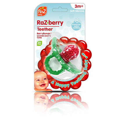 RaZbaby RaZberry Silicone Baby Teether Toy - Berrybumps Soothe Babies Sore Gums - Hands Free Design - BPA Free - Easy-to-Hold - Teething Relief Pacifier For Infant - Fruit Shape/Red