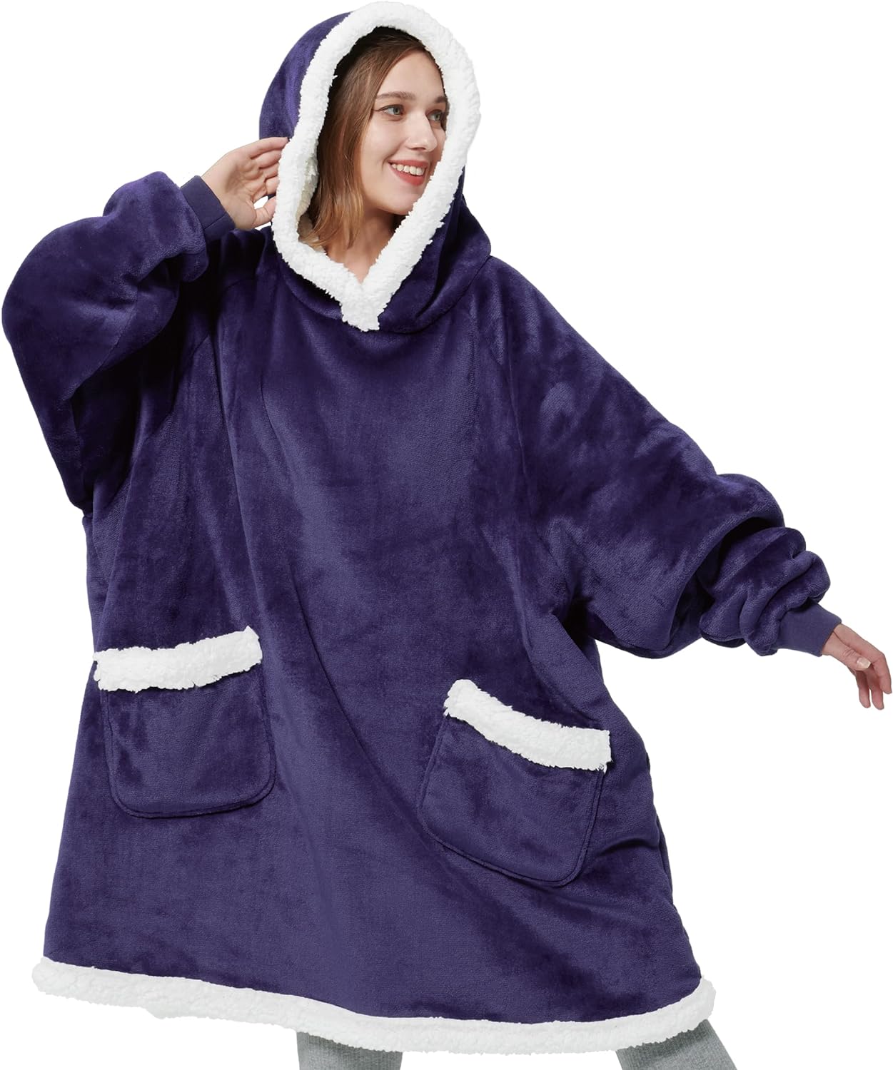 Bedsure Wearable Blanket Hoodie with Sleeves - Sherpa Hooded Blanket Adult as Warm Gifts for Mom Women Girlfriend Men, Winter Sweatshirt Blanket with Giant Pocket Purple (Standard, Ultra Violet)