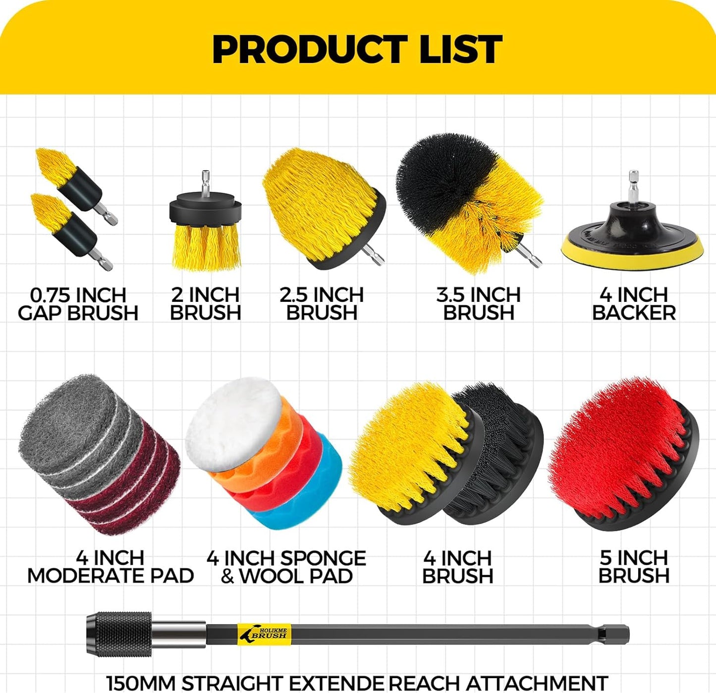 Holikme 20Pack Drill Brush Attachments Set, Scrub Pads & Sponge, Buffing Pads, Power Scrubber Brush with Extend Long Attachment, Car Polishing Pad Kit,Cleaning Supplies，Shower Scrub,Scratch Brushes