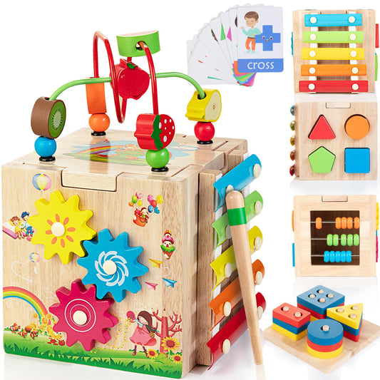 Bravmate Wooden Activity Cube | 8-in-1 Montessori Toys for 12M+ Toddlers, One Year Old First Birthday Gift, Baby Toy Set with Bonus Sorting & Stacking Board