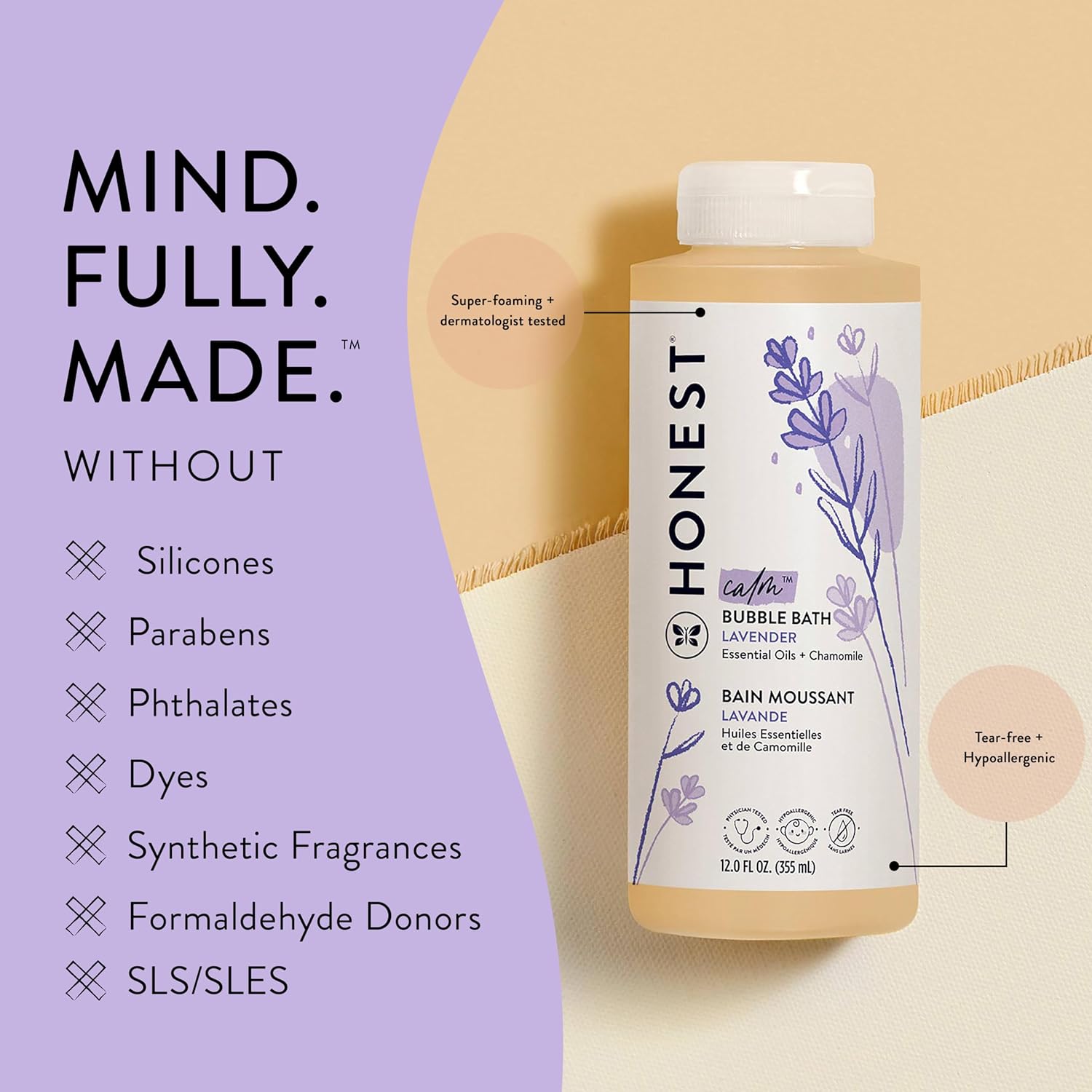 The Honest Company Foaming Bubble Bath | Gentle for Baby | Naturally Derived, Tear-free, Hypoallergenic | Lavender Calm, 12 fl oz
