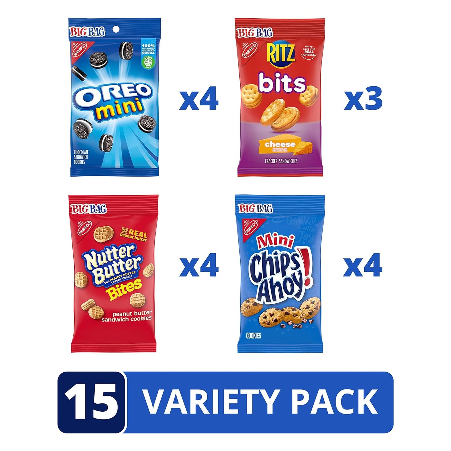 OREO Mini Cookies, CHIPS AHOY! Mini Cookies, Nutter Butter Bites & RITZ Bits Cheese Crackers Variety Pack, 15 Big Bags (assortment may vary)