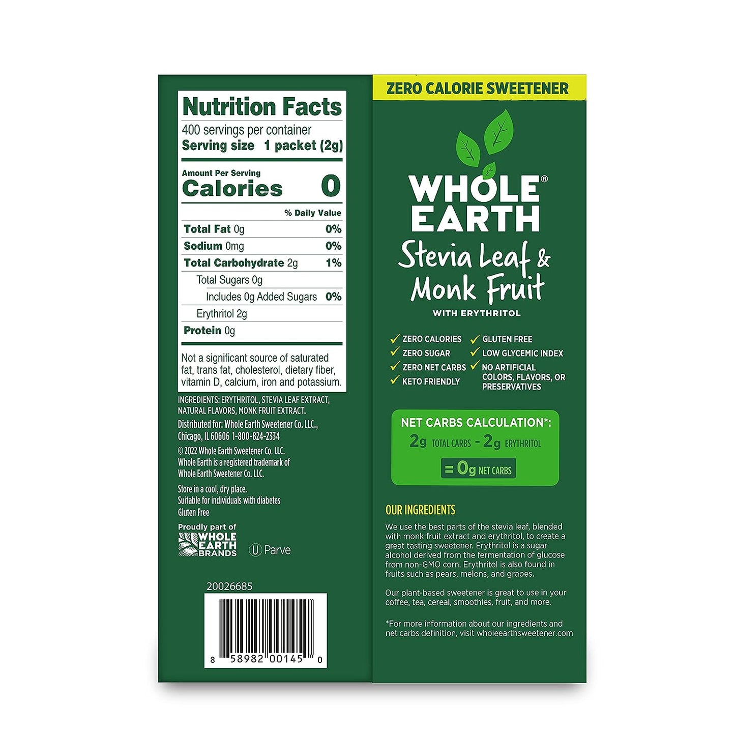 Whole Earth Sweetener Co. Stevia & Monk Fruit Sweetener, Erythritol Sweetener, Stevia Packets, Sugar Substitute, Natural Sweetener, 400 Count