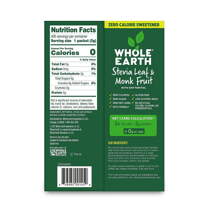 Whole Earth Sweetener Co. Stevia & Monk Fruit Sweetener, Erythritol Sweetener, Stevia Packets, Sugar Substitute, Natural Sweetener, 400 Count